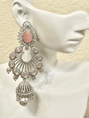 4” Rhodium Plated CZ & Pink Crystal Jhumka Style Earrings - High End